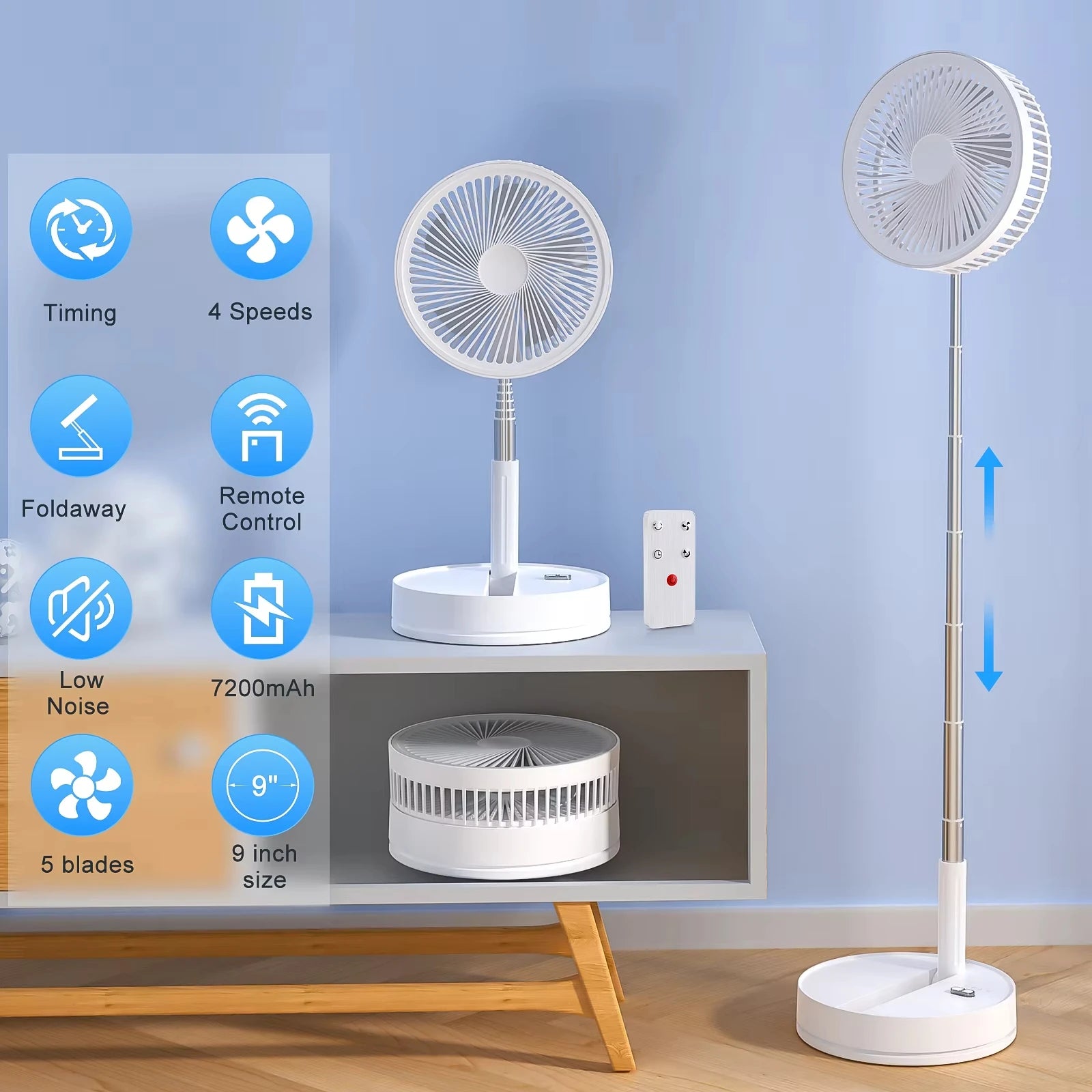 Wireless Folding Desk Fan Telescopic Outdoor Travel Camping Floor Low