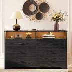 6 Drawer 59"  Dresser with LED and Power Strip, Dressers & Chests of Drawers with Storage Cabinet for Bedroom