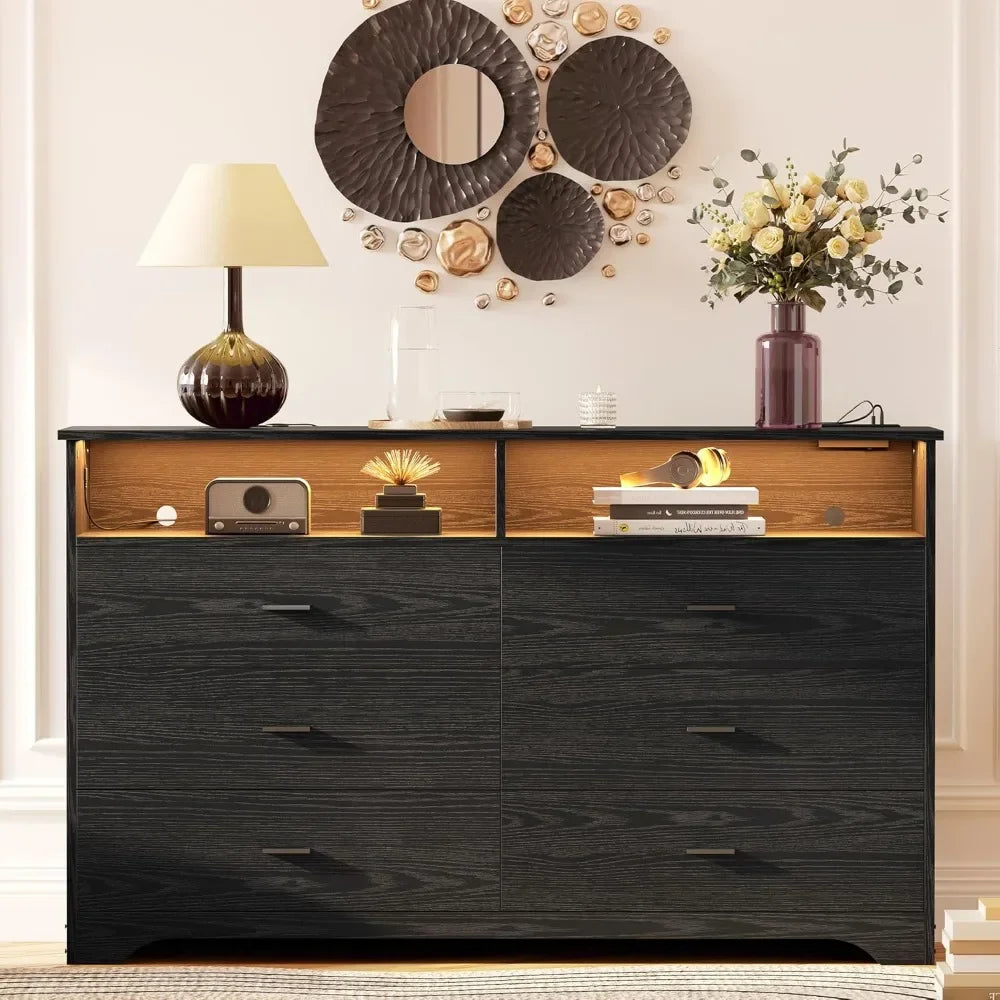 6 Drawer 59"  Dresser with LED and Power Strip, Dressers & Chests of Drawers with Storage Cabinet for Bedroom