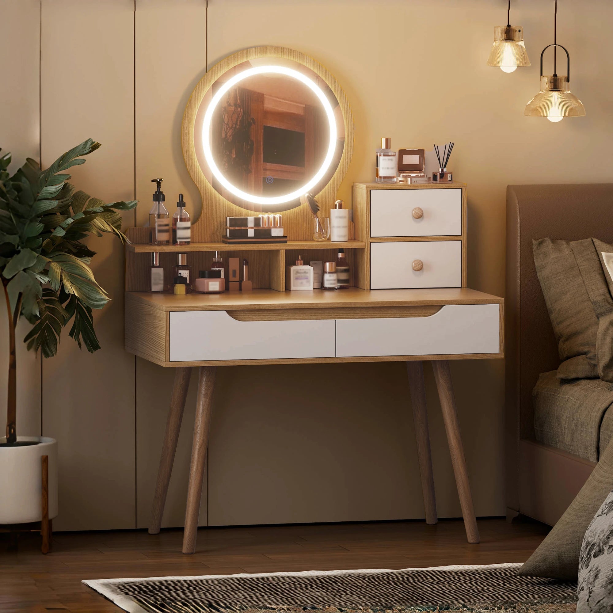 Makeup Vanity with 3 Colors Modes Adjustable Brightness Mirror, 4 Drawers 3 Storage Shelves, Dressing Table Modern Makeup Desk