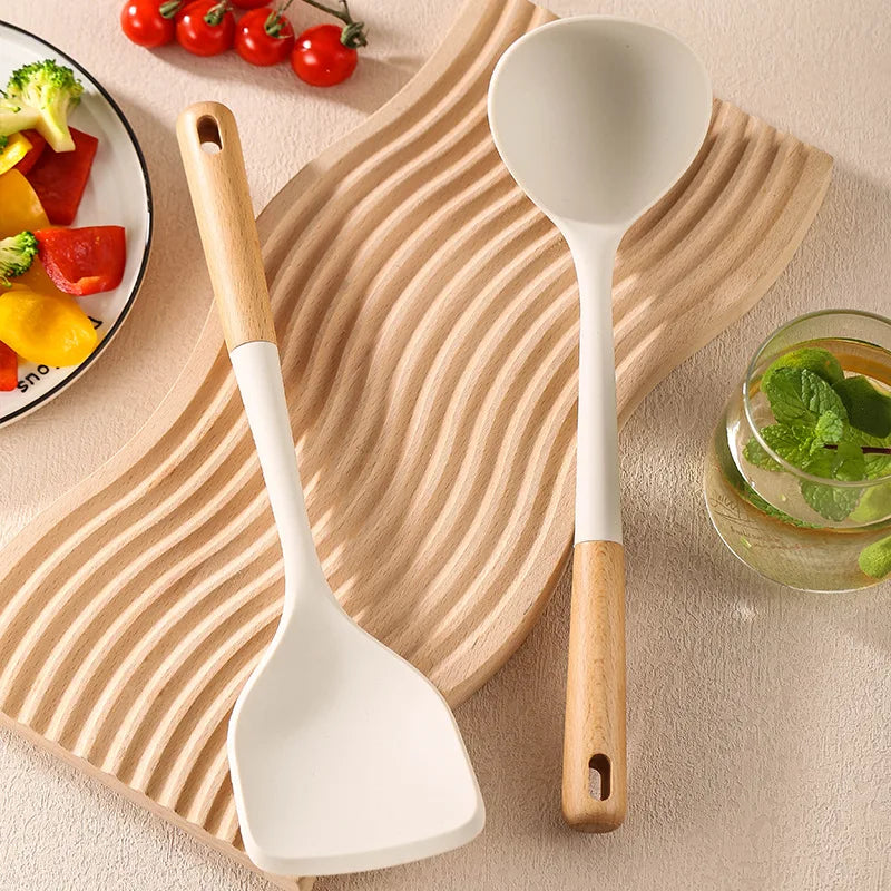 New Silicone Kitchen Cooking Utensils Set Durable Hardwood Handle Heat Resistant Tool Non-stick Turner Slotted Spoon Spatula Kit