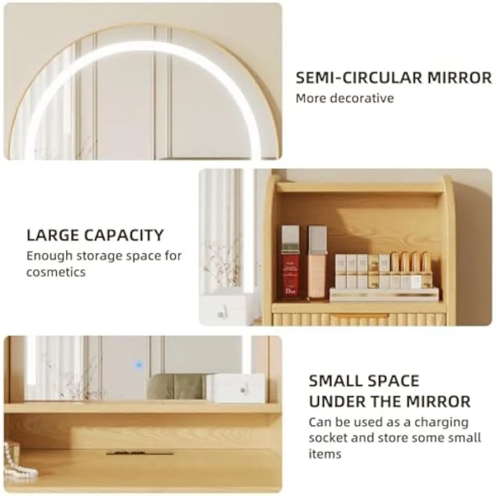 Make up Vanity Desk with Mirror and Lights, Vanity Desk with 7 Drawers and Storage, Modern Dressers for Bedroom, Wood Color Arc