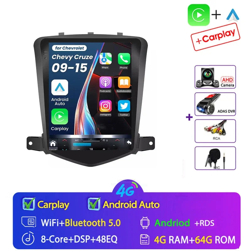 4G+64G Stereo Android 15 For Chevrolet Cruze J300 2008-2014 for Tesla Style Car 4G GPS Navi Player Radio Carplay 2 Din Autoraido