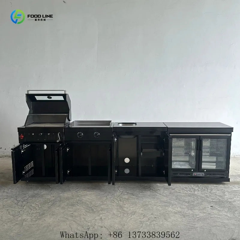 Customized Outdoor Kitchen Set Black 304 Stainless Steel Sink Cabinets Refrigerator Garden Charcoal Grill