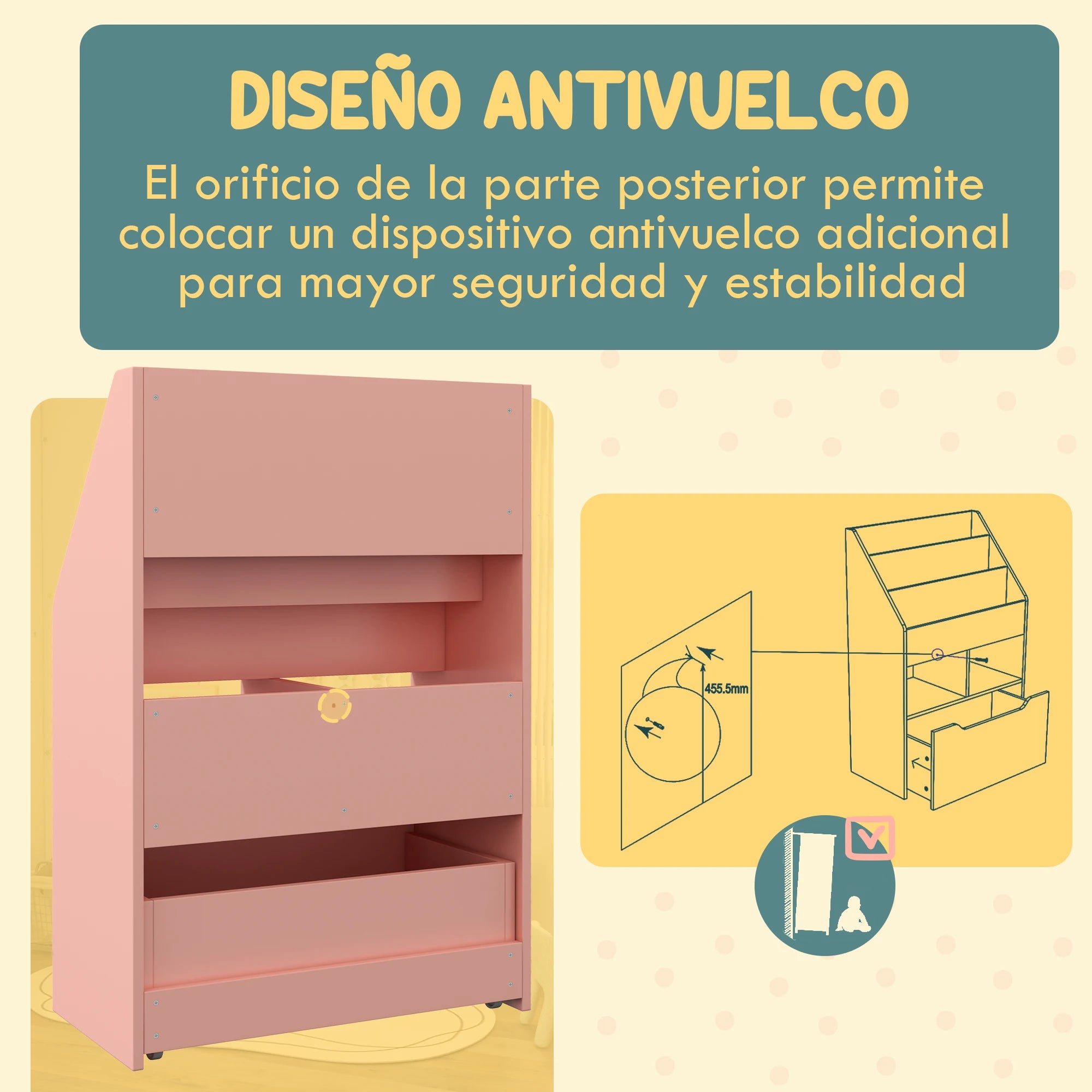 Homcom Children's Bookshelf with 3 Compartments 2 Cubes Drawer and Wheels