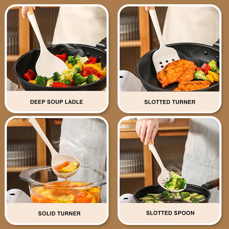New Silicone Kitchen Cooking Utensils Set Durable Hardwood Handle Heat Resistant Tool Non-stick Turner Slotted Spoon Spatula Kit