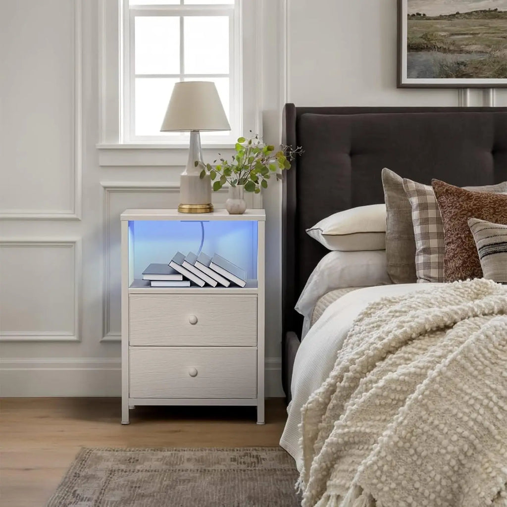 White Nightstands Set of 2, Bedroom Night Stand Set Two Nightstand with Charging Station and LED Light, Bedside Table with 2 Fab