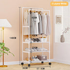 Movable Double Rod Clothes Rack Wheels Heavy Duty Coat Shelf with Bedroom Floor Hangers Organizer Home Shoe Hat Storage Racks