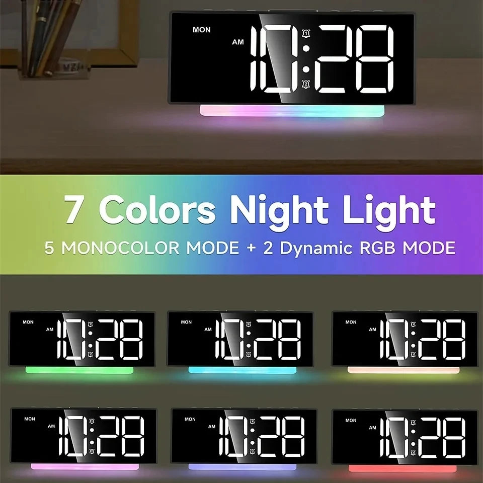 LED Alarm Clock with Colorful RGB Atmosphere Night Light and Output Power Interface to Charge Other Devices. Gift Idea for All