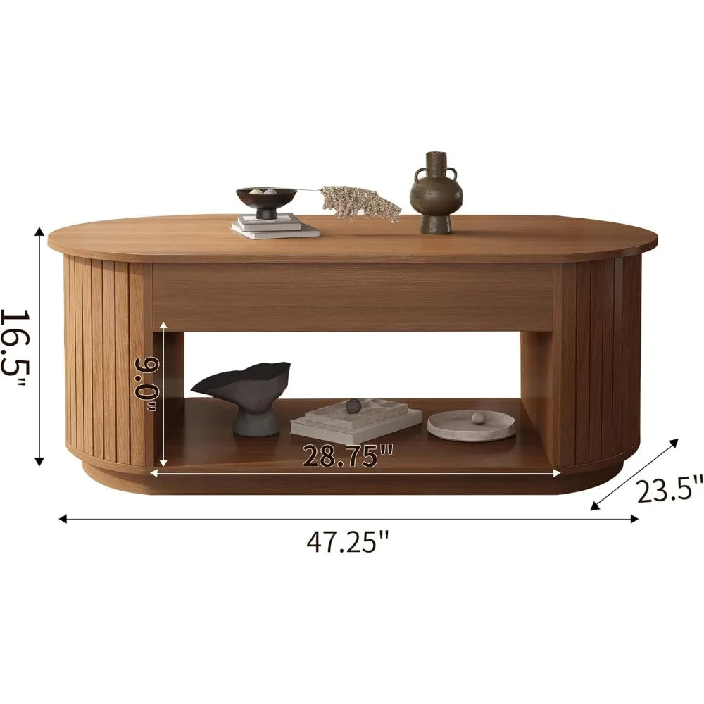47-Inch Lift Top Wood Coffee Table with Hidden Storage Compartment and Open Shelf for Living Room, Fluted Oval Center Tea Table
