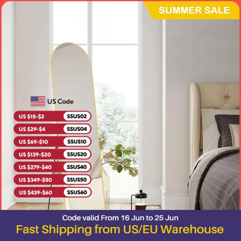 JHK Full Body Wall Mirror 59"x16" Standing Hanging or Wall-Mounted Mirrors with Stand Aluminum Alloy Frame For Bathroom Bedroom