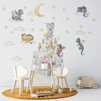 Watercolor Dragon Castle Cloud Star Wall Sticker Baby Nursery Cartoon Moon Anime Animal Wall Decal Playroom Bedroom Decor