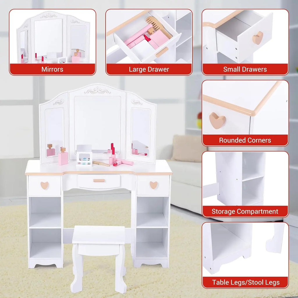Princess Vanity Set for Kids White Makeup Table with Mirror Stool and Wooden Play Makeup Accessories