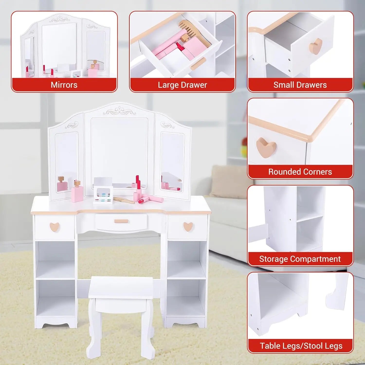 Princess Vanity Set for Kids White Makeup Table with Mirror Stool and Wooden Play Makeup Accessories