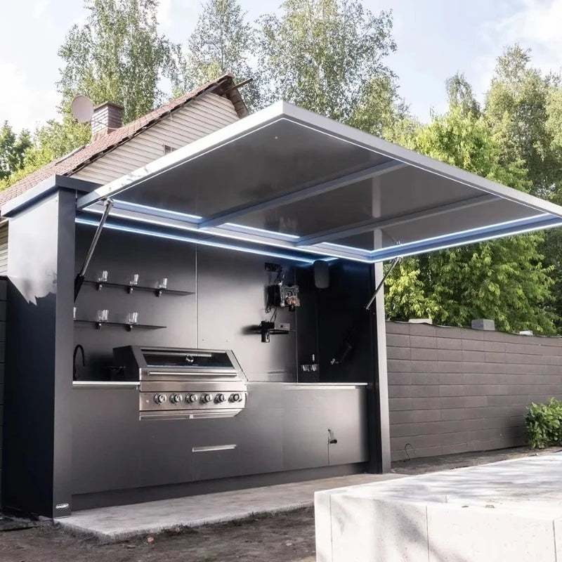 Customized Eco Friendly Mobile Outdoor Kitchen Multifunctional Steel Design Equipped Sink Refrigerator For Outdoor Park
