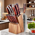 XITUO Kitchen Knife Set 15PCS With Wooden Block,Laser Damascus Pattern Steel Professional Chef Knife,With Scissor Sharpening Rod