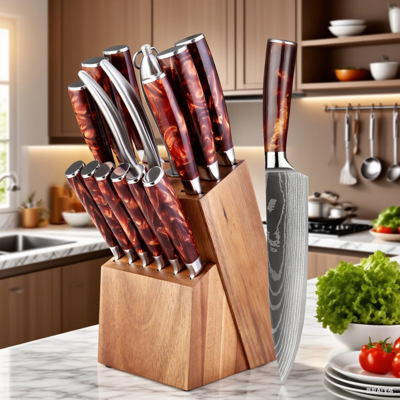 XITUO Kitchen Knife Set 15PCS With Wooden Block,Laser Damascus Pattern Steel Professional Chef Knife,With Scissor Sharpening Rod