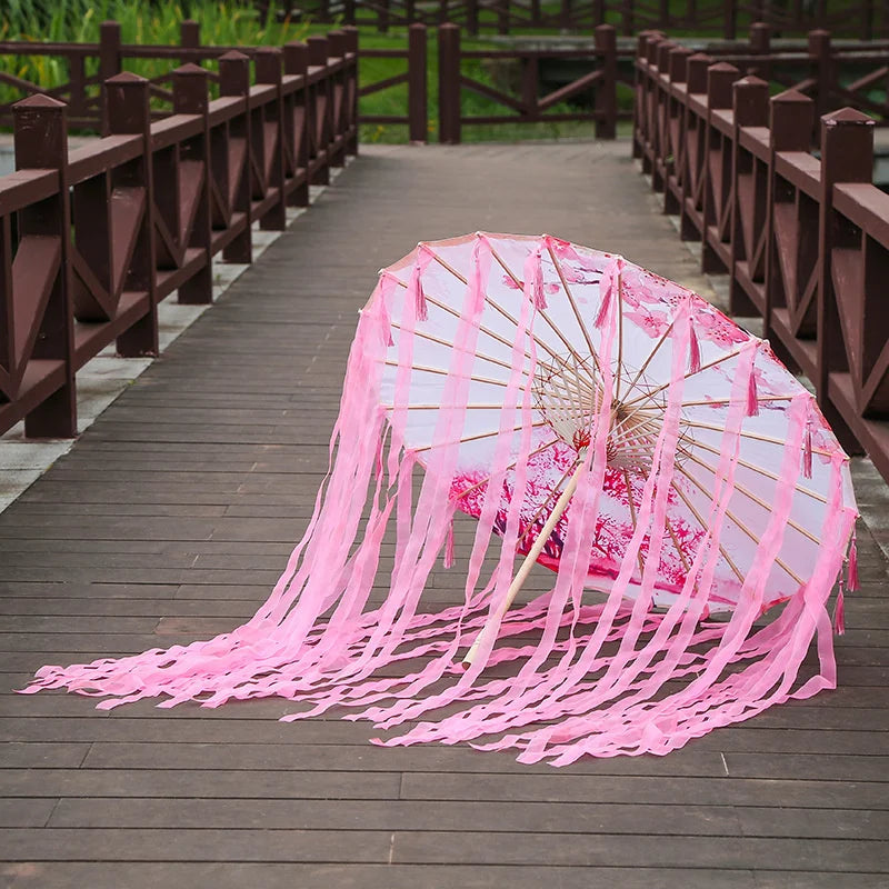 82cm Pink Flowers Silk Decorative Umbrella Han Cos Props Tassel Umbrella Ancient Chinese Classic Oil Paper Parasol