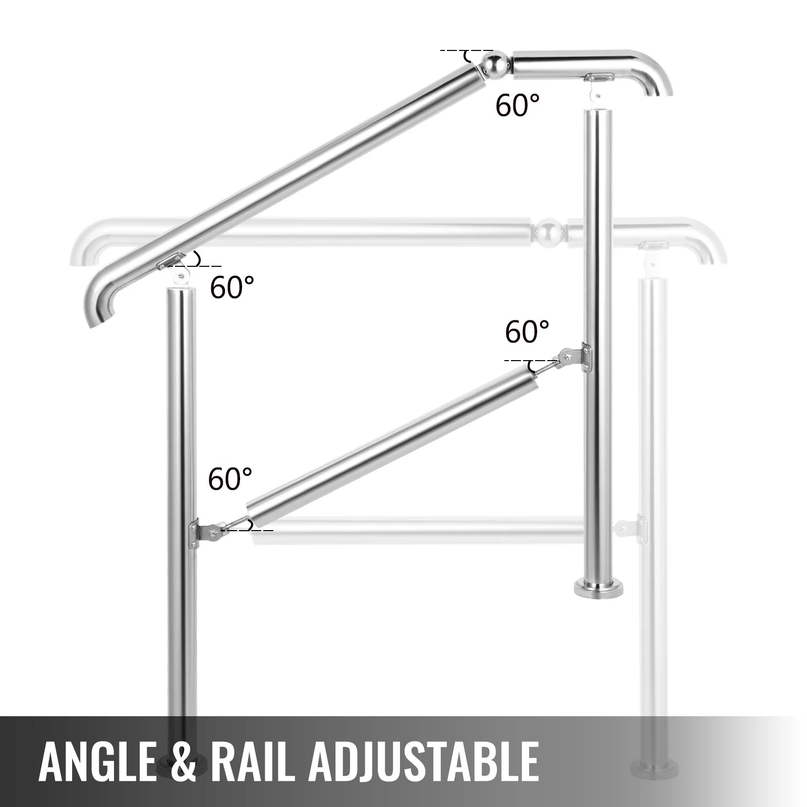 VEVOR 3-5 Step Railing Stainless Steel Transitional Handrail Fit For Level Surface Adjustable Stair Railing Safely Up/Downstairs