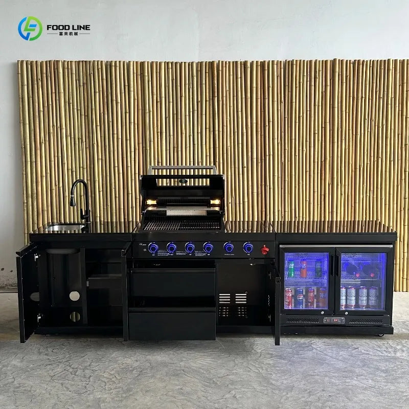 Customized Outdoor Kitchen Stainless Steel BBQ Grill With Sink Refrigerator For Backyard
