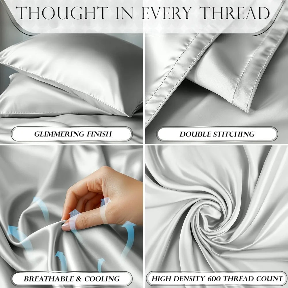 Satin Bed Sheets - 4 Piece Luxury Silky Queen Size Bedding Set, Wrinkle-Free with 15” Deep Pocket Fitted Sheet, Bedding Set