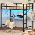 Twin Loft Bed with LED Lights, Metal Loft Bed Twin Size with Full-Length Guardrail Clothes Rack, Heavy Duty Metal Loft Bed Frame