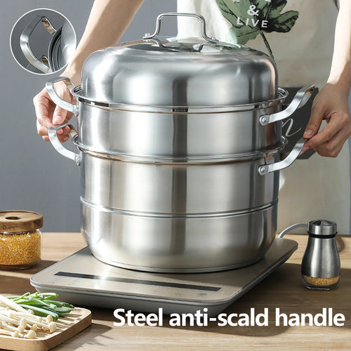 304 Thickened Stainless Steel Steamer, 32cm 5-Layer Stackable Universal Cooking Pot with Lid for Induction and Gas Cooker