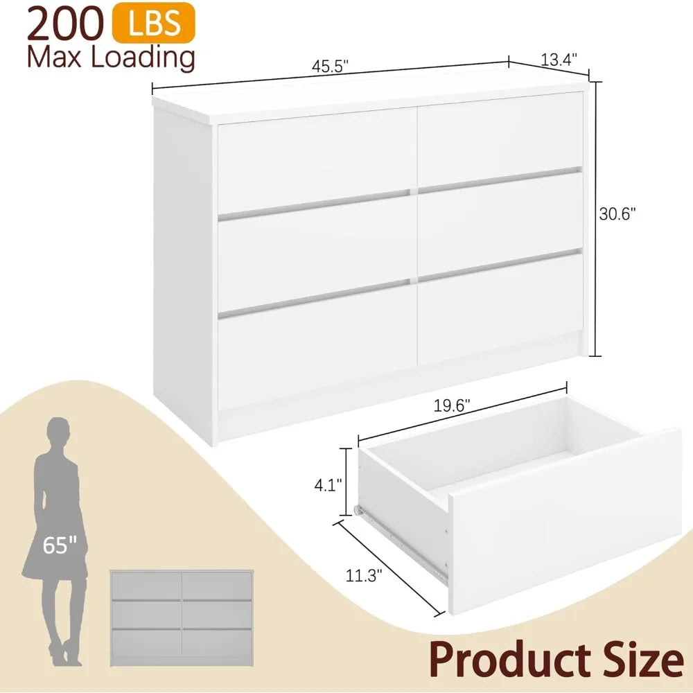 6 Drawer Dresser for Bedroom Modern, Chest of Drawers Wide Wooden Storage Organizer, Deep Double Wood Closet Cabinet, White TV S