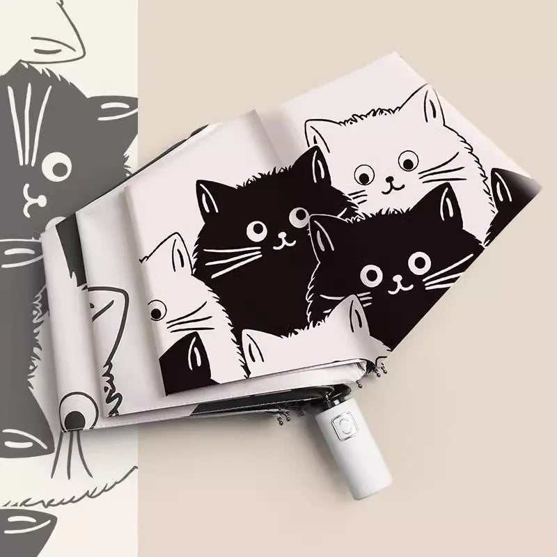 Simple Cartoon Kittens Printed Black And White Umbrella, Sunny And Rainy Dual-use UV Protection Umbrella
