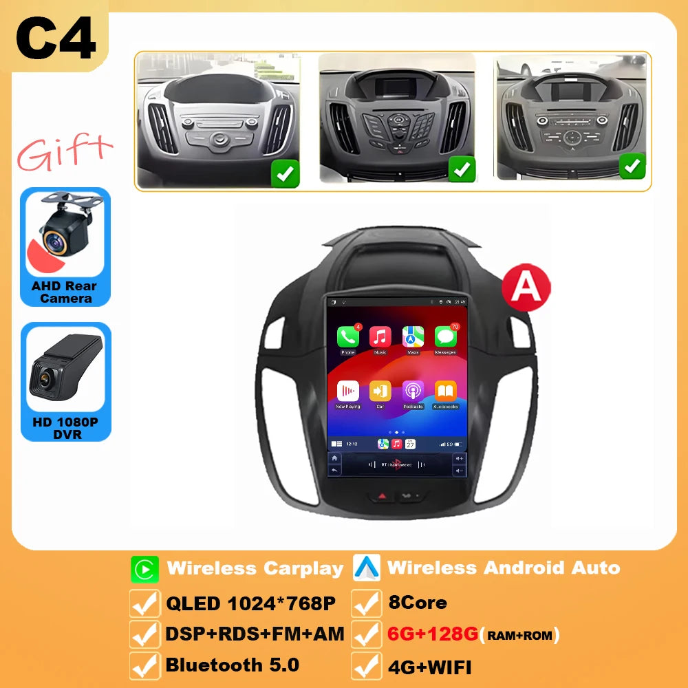 Wireless Android 15 Carplay For Ford Kuga 2 Escape 3 2012-2019 9.7 Inch Tesla Style Car Multimedia Player 5G Wifi Touch Display