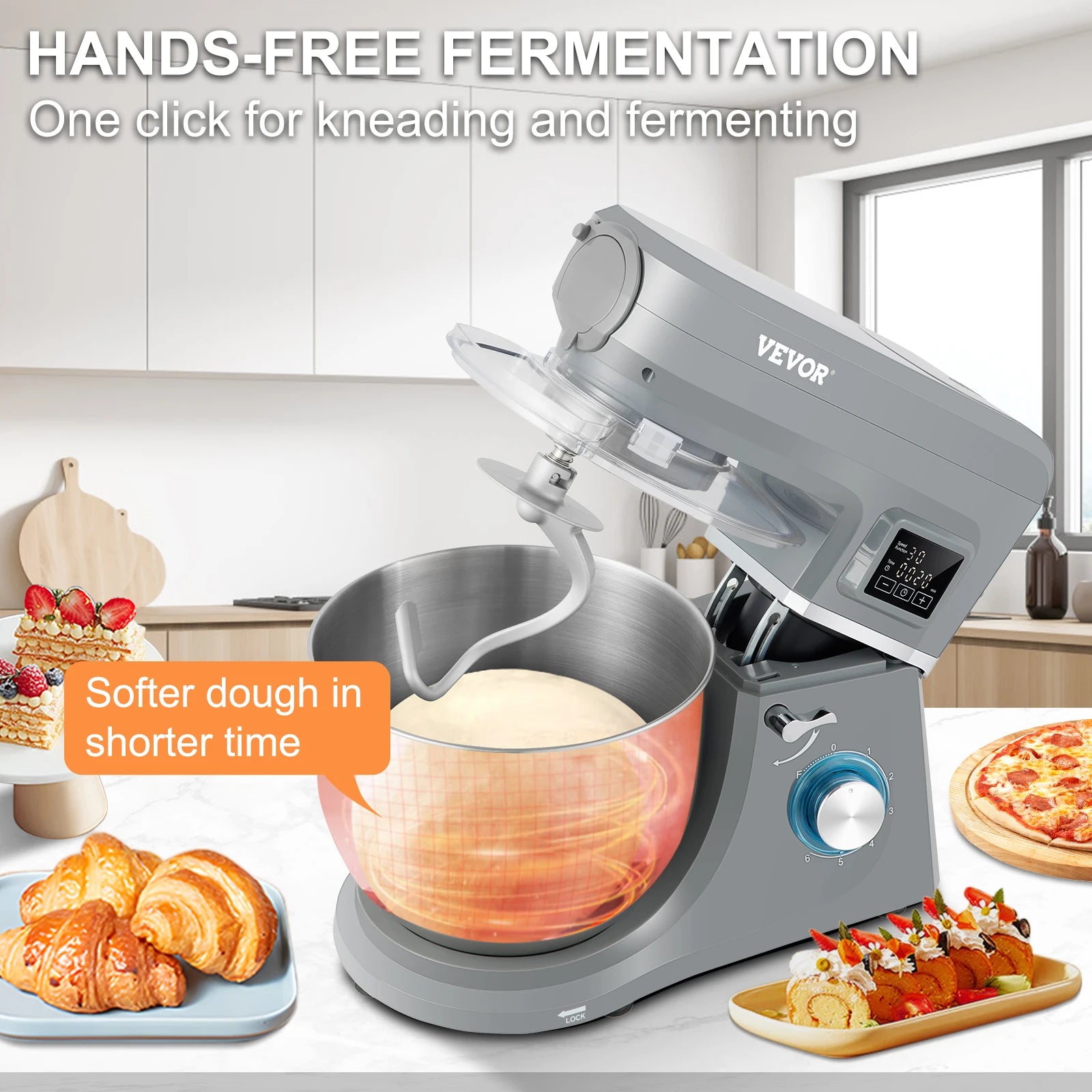SucceBuy 5 IN 1 Stand Mixer Multifunctional Electric Mixer with 6 Speeds LCD Screen Timing 7.4 Qt Stainless Bowl Dough Hook