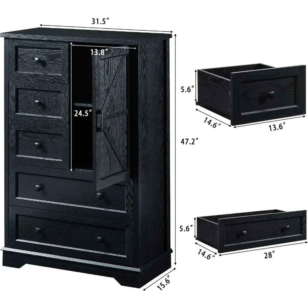 Dresser for Bedroom, 5 Drawer Wood Dresser, Black Dresser Farmhouse Dressers with 5 Wooden Drawers and Storage Cabinet