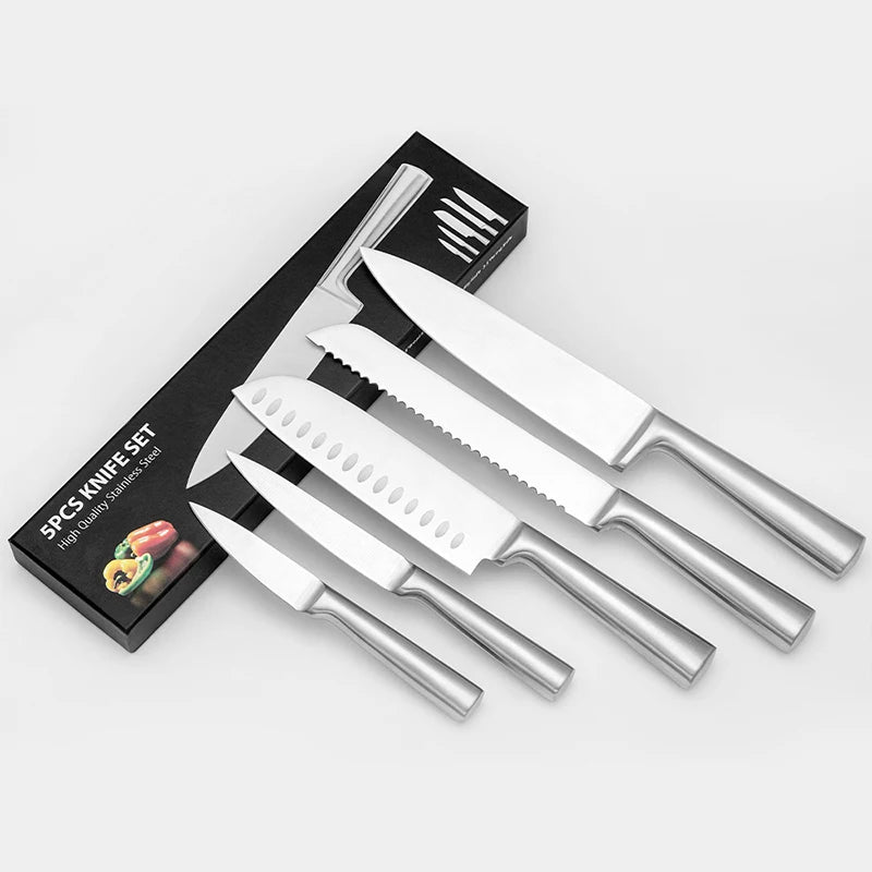 5 Piece Stainless Steel Kitchen Knife Set, Ergonomic Hollow Handle Design, Household Chef Knife for Chopping Carving Slicing
