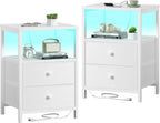 White Nightstands Set of 2, Bedroom Night Stand Set Two Nightstand with Charging Station and LED Light, Bedside Table with 2 Fab