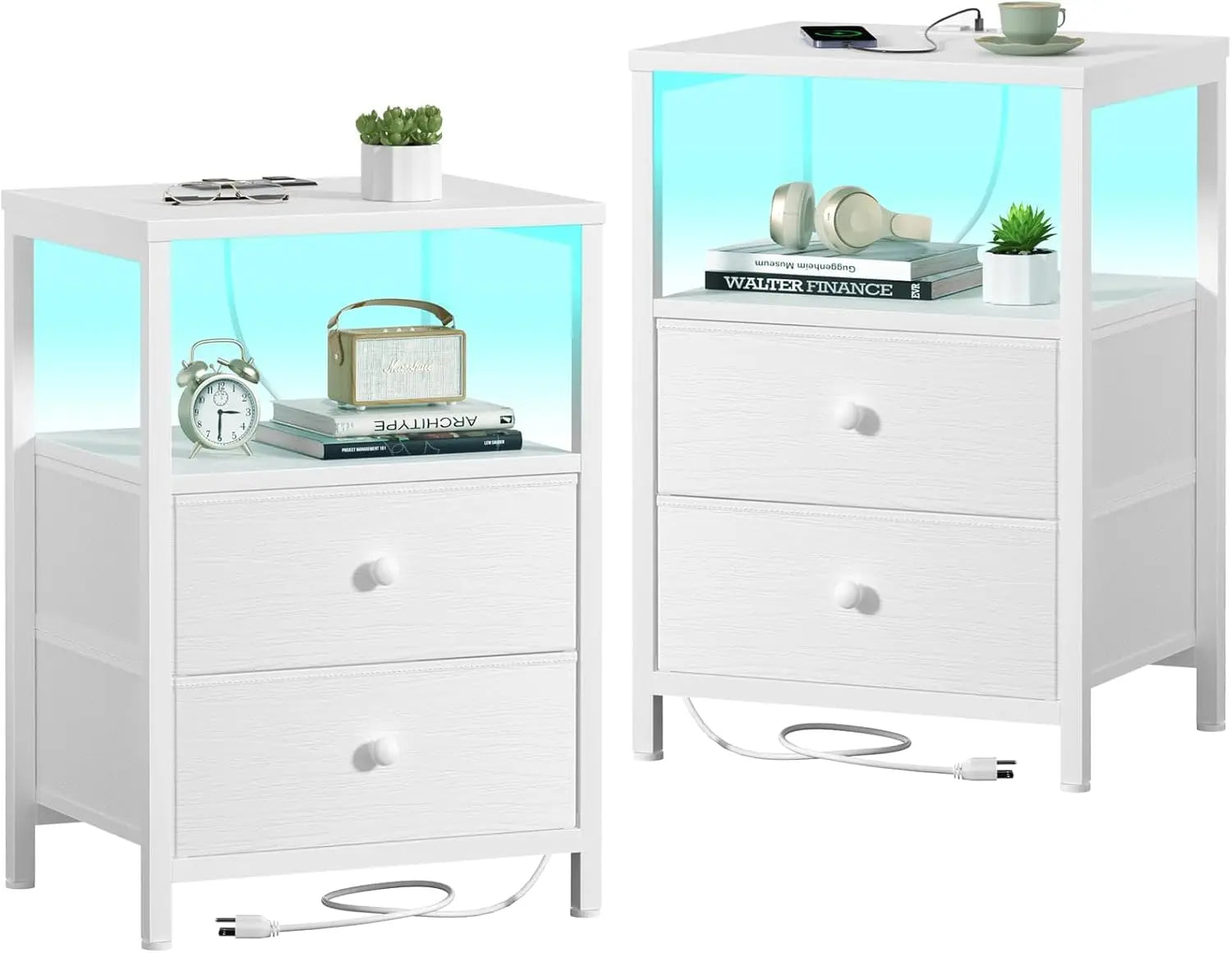 White Nightstands Set of 2, Bedroom Night Stand Set Two Nightstand with Charging Station and LED Light, Bedside Table with 2 Fab