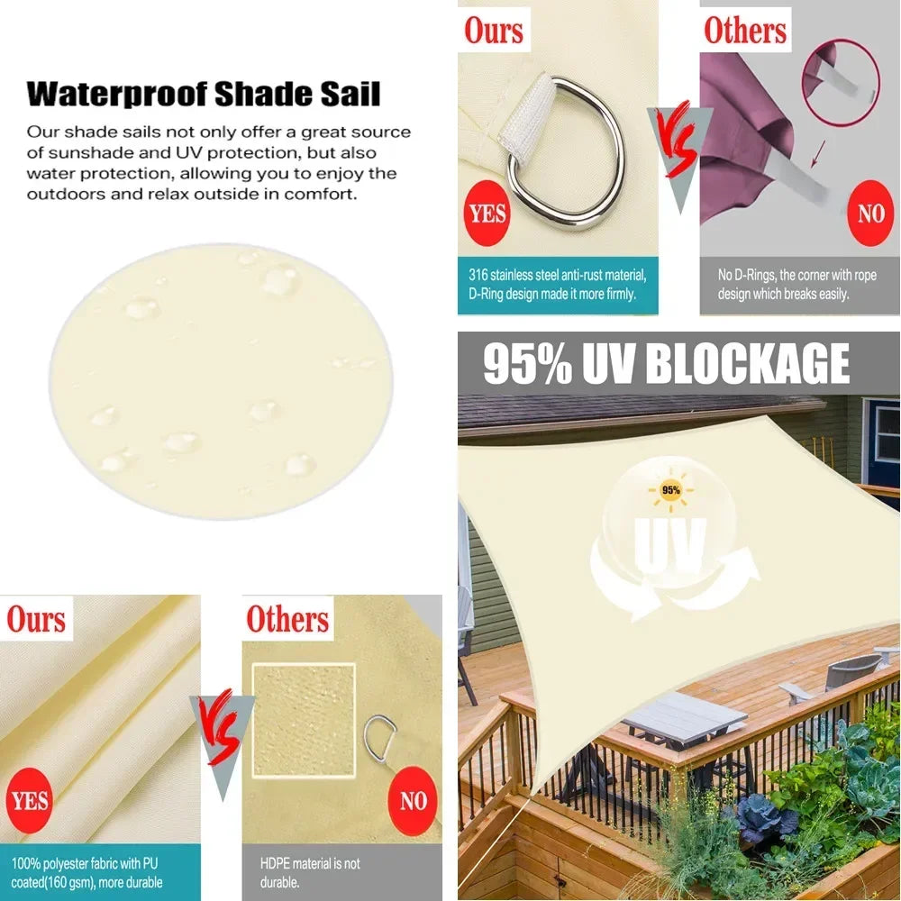 Beige Sun Shade Sail Rectangle Square Triangle Canopy Awning Cloth UV Block Heavy Duty Commercial Graden Outdoor Patio Tarp