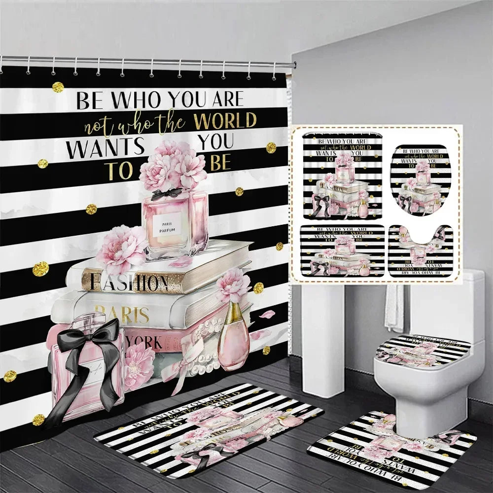 Fashion Perfume Shower Curtain Set Pink Rose Flower Modern Woman Girl Home Bathroom Decor Non Slip Rug Bath Mat Toilet Lid Cover
