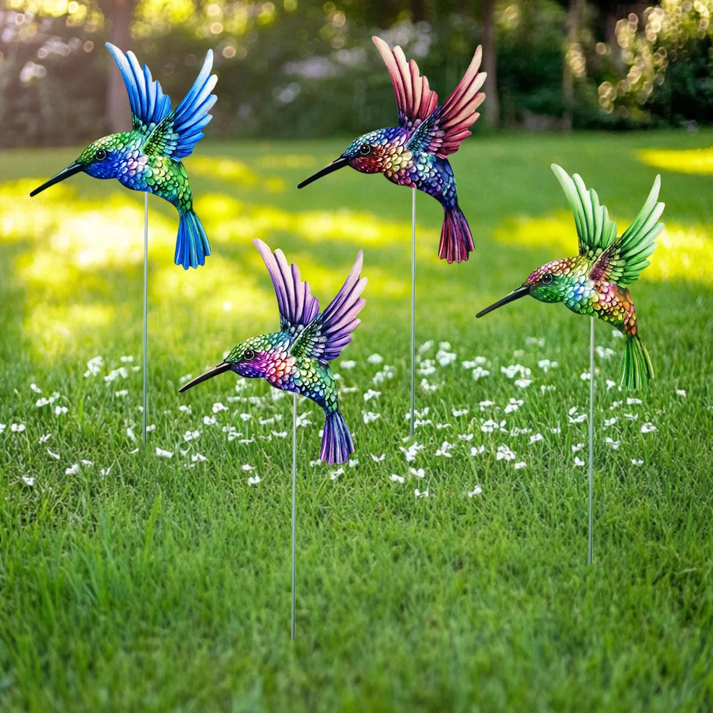 4PCS Metal Hummingbird Stakes Art Sculpture Outdoor Waterproof Iron Ornament Garden/Home Decor Yard Lawn Patio Garden Bird Decor