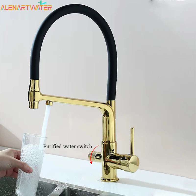 Filter Kitchen Faucet Black Dual Spout Drinking Water Faucet Mixer 360 Degree Rotation Hot Cold Water Purification Feature Tap