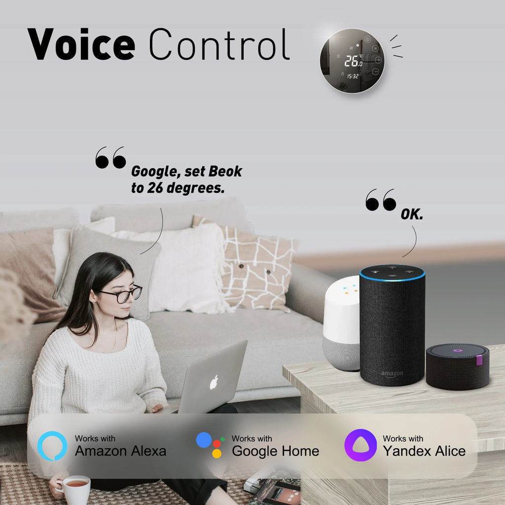 Round Floor Thermostat with LCD Mirror Screen Tuya Smart WiFi Heating Thermostat Warm Room Temperature Controller Alexa Alice