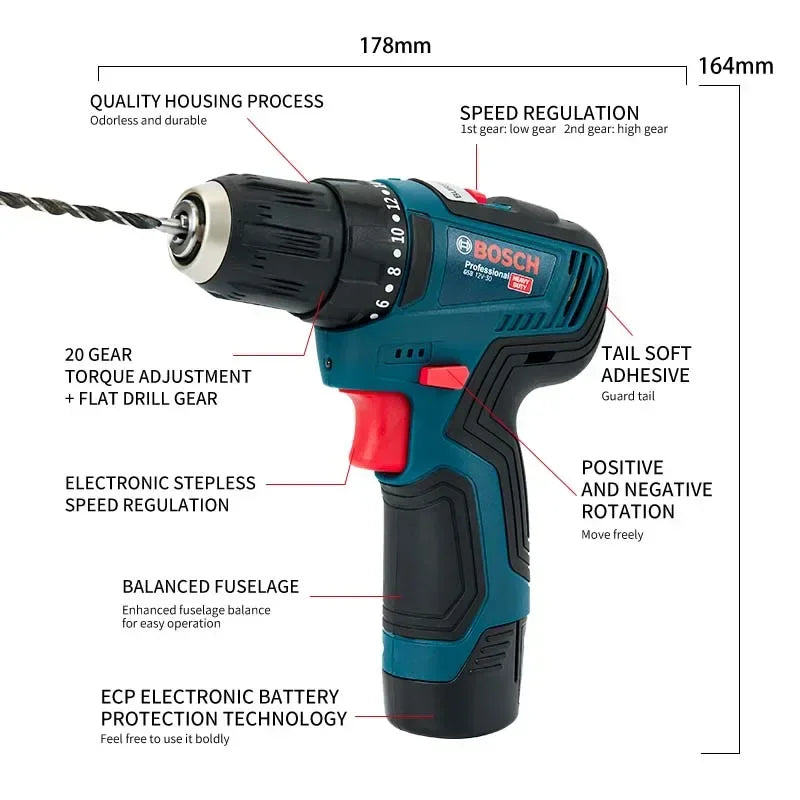 Bosch-GSB-12-V30 Professional Electric Drill, Cordless Driver, Heavy Duty, Multifunctional, Household, Screwdriver, DIY