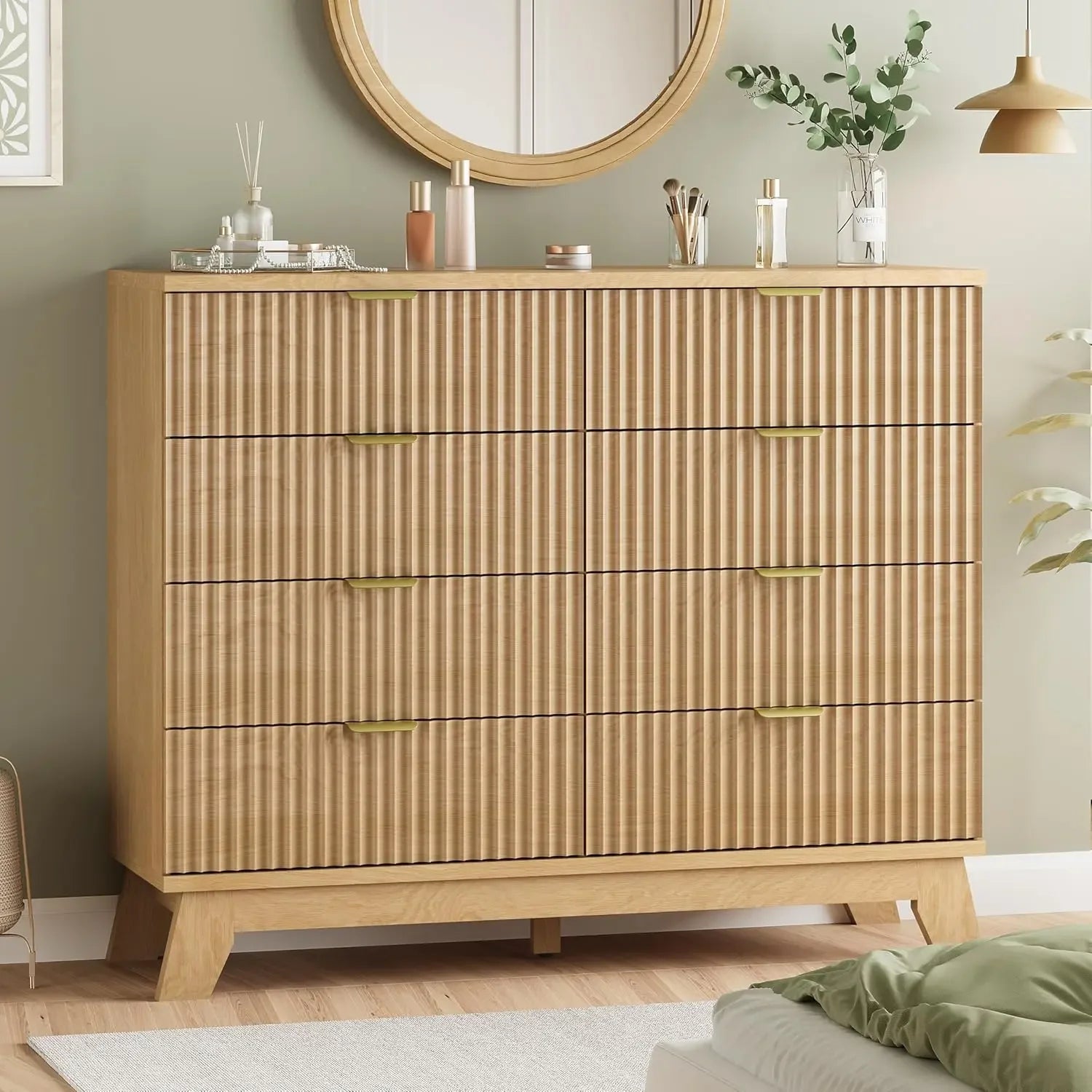 Fluted Dresser for Bedroom with 8 Drawers, 48" Wide Modern Chest of Drawers with Metal Handle, Wooden Dresser TV Stand, Wood
