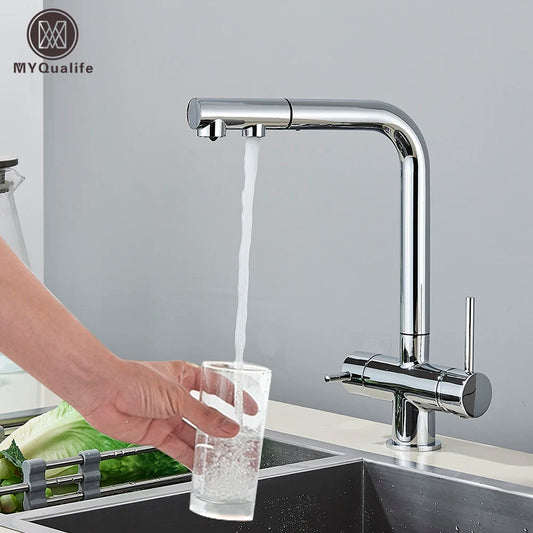 Chrome Brass Pull Out Filtered Kitchen Faucet Dual Handle Hot Cold Drinking Water 3-Way Filter Purification Mixer Taps