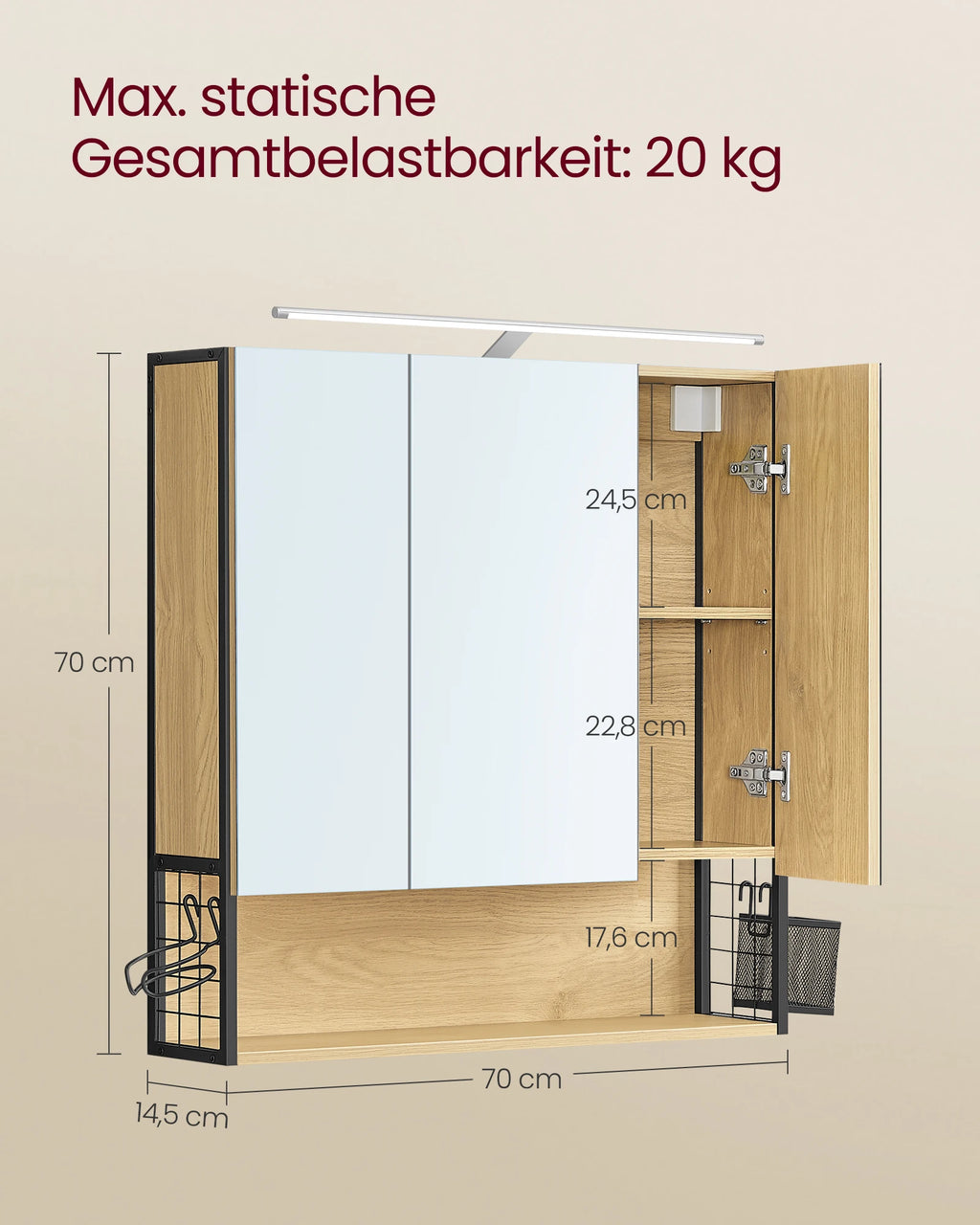 VASAGLE Mirror Cabinet Bathroom with Lighting Cable