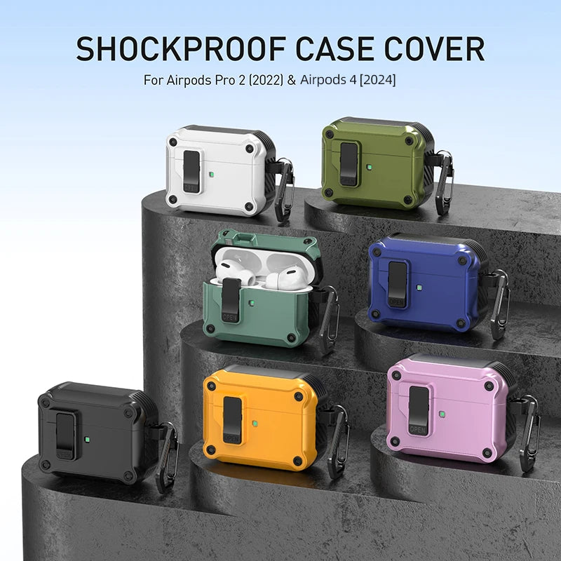 Dual Protective Case for AirPods Pro 2 and AirPods 4 2024 with Locking Clip Carbon Fiber Shockproof Keychain Magnetic Lid
