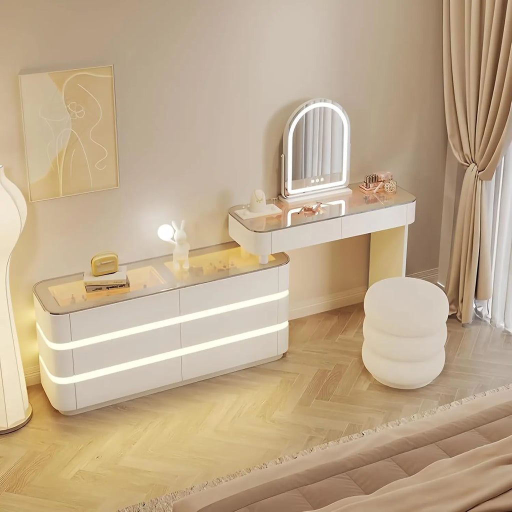 Vanity Set Solid Wood Vanities Desk with LED Smart Mirror and Drawers Modern Vanity Table with Glass Countertop and Makeup Stool
