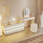 Vanity Set Solid Wood Vanities Desk with LED Smart Mirror and Drawers Modern Vanity Table with Glass Countertop and Makeup Stool