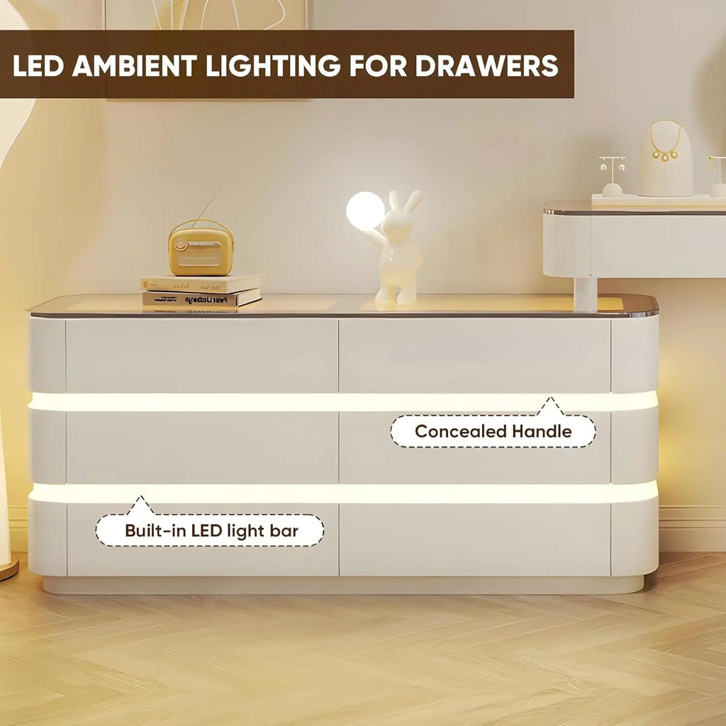 Vanity Set Solid Wood Vanities Desk with LED Smart Mirror and Drawers Modern Vanity Table with Glass Countertop and Makeup Stool