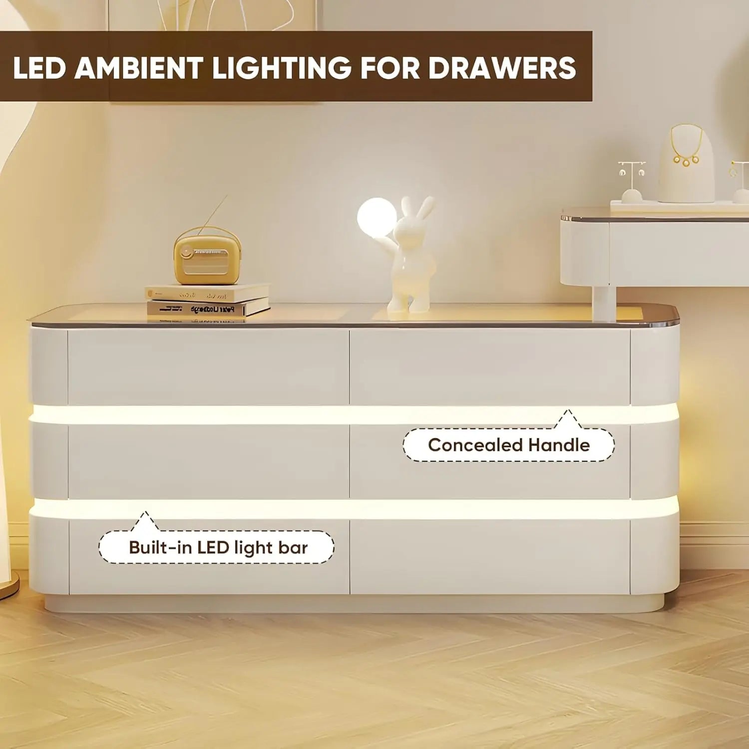 Vanity Set Solid Wood Vanities Desk with LED Smart Mirror and Drawers Modern Vanity Table with Glass Countertop and Makeup Stool