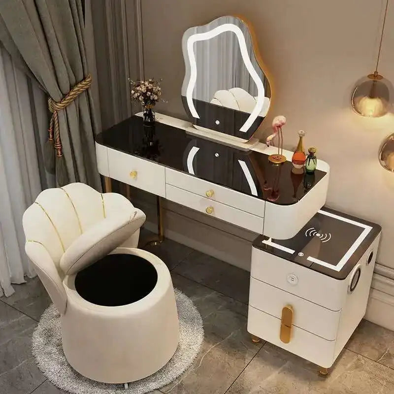 Luxury Glass Dressing Table with Smart Wireless Charging Bedroom Vanity Nightstand Makeup Table Drawers with Led Mirror Dresser